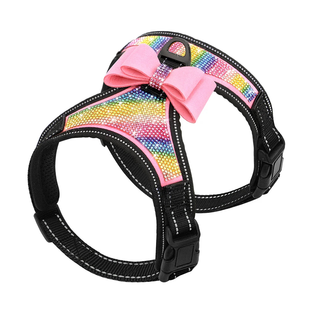 Reflective Dog Harness Nylon, Pitbull Pug Small Medium Dogs Harnesses Vest,  Rhinestone Bowknot Dog