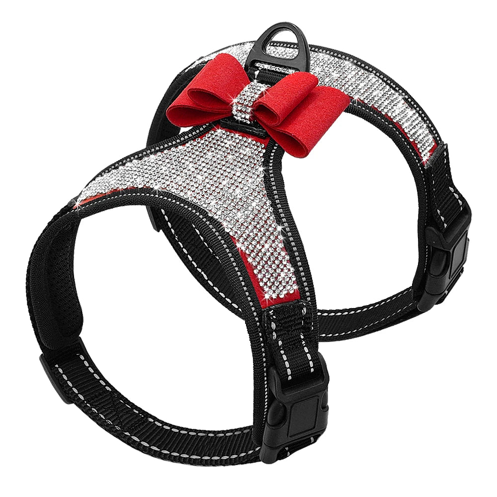 Reflective Dog Harness Nylon, Pitbull Pug Small Medium Dogs Harnesses Vest,  Rhinestone Bowknot Dog
