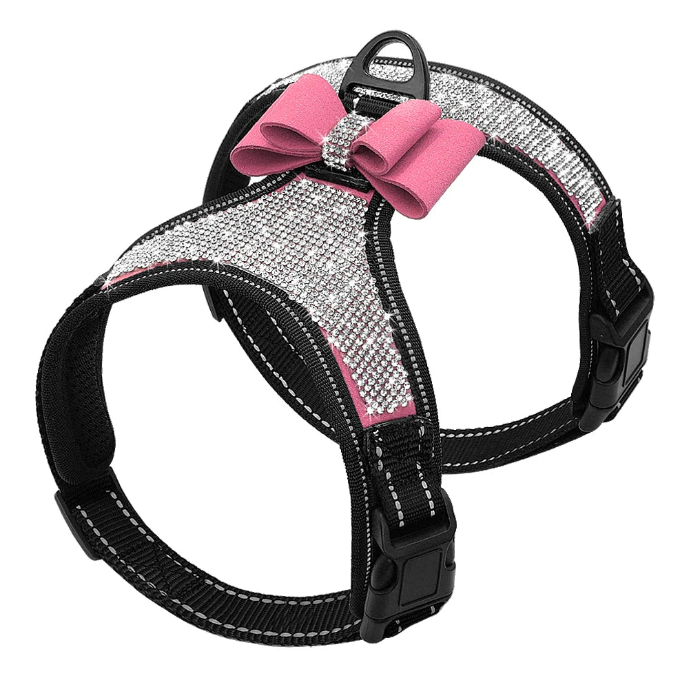 Reflective Dog Harness Nylon, Pitbull Pug Small Medium Dogs Harnesses Vest,  Rhinestone Bowknot Dog