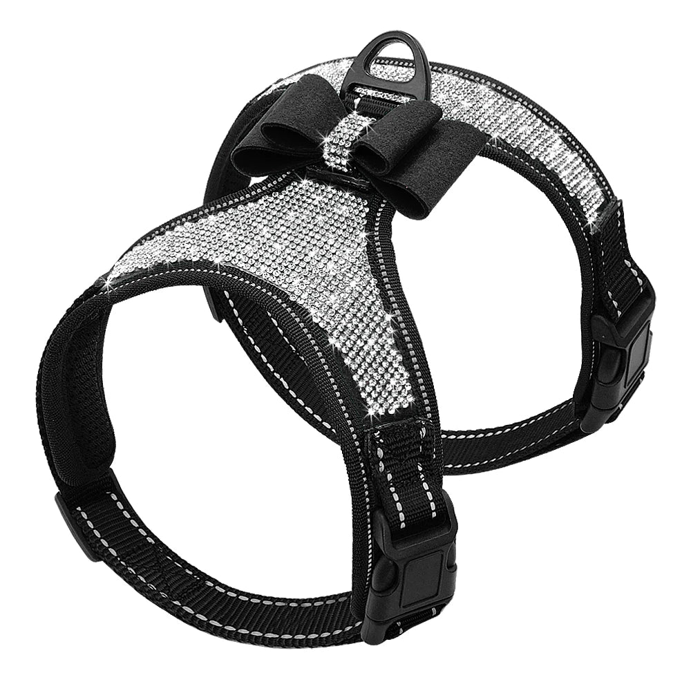 Reflective Dog Harness Nylon, Pitbull Pug Small Medium Dogs Harnesses Vest,  Rhinestone Bowknot Dog