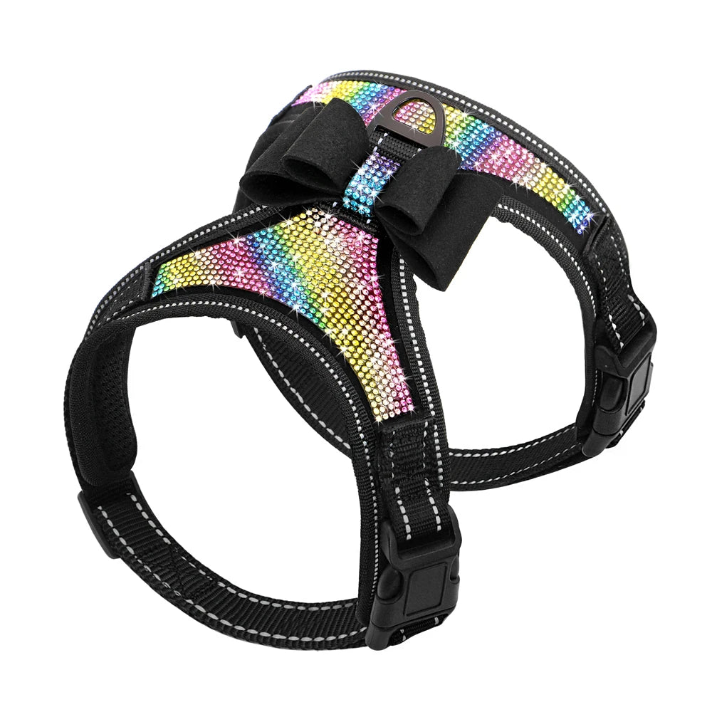 Reflective Dog Harness Nylon, Pitbull Pug Small Medium Dogs Harnesses Vest,  Rhinestone Bowknot Dog