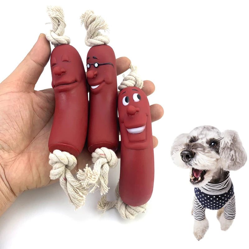 Expression Pet Dog Toy, Red Sausage Cute Smiley face, Healthy Latex Dogs Bite Cotton Rope Toy For Small Medium Puppy