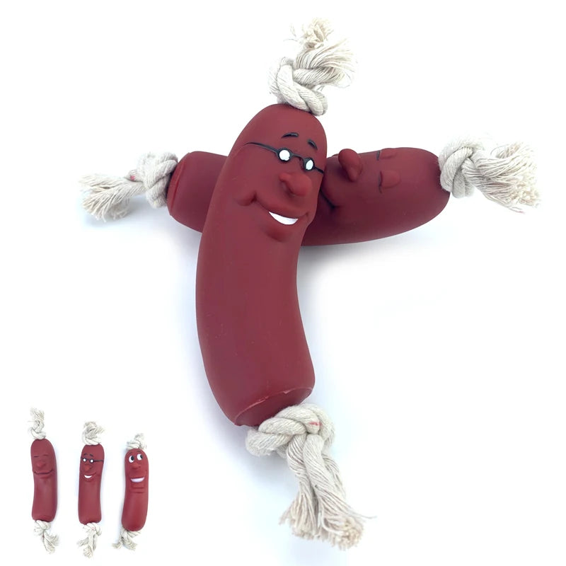 Expression Pet Dog Toy, Red Sausage Cute Smiley face, Healthy Latex Dogs Bite Cotton Rope Toy For Small Medium Puppy