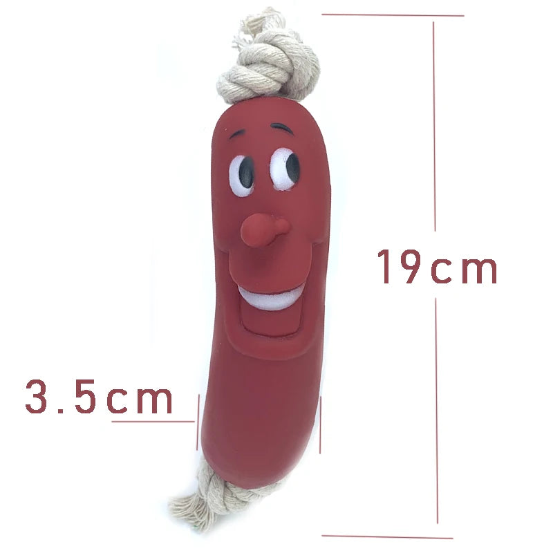 Expression Pet Dog Toy, Red Sausage Cute Smiley face, Healthy Latex Dogs Bite Cotton Rope Toy For Small Medium Puppy