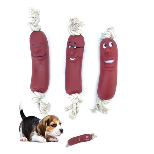 Expression Pet Dog Toy, Red Sausage Cute Smiley face, Healthy Latex Dogs Bite Cotton Rope Toy For Small Medium Puppy