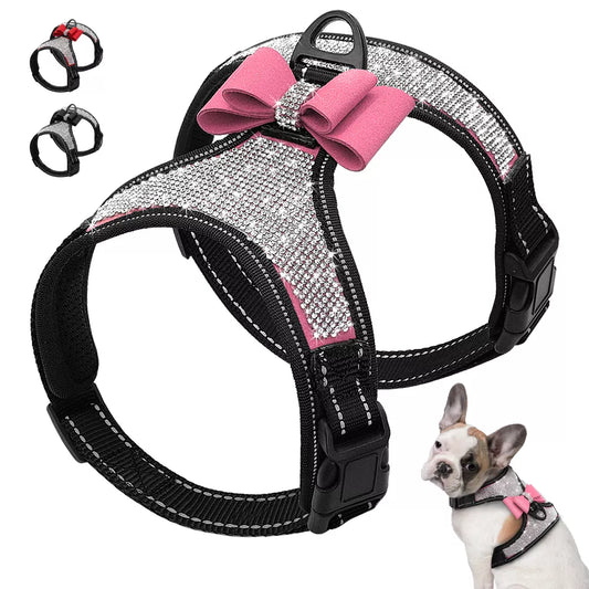 Reflective Dog Harness Nylon, Pitbull Pug Small Medium Dogs Harnesses Vest,  Rhinestone Bowknot Dog