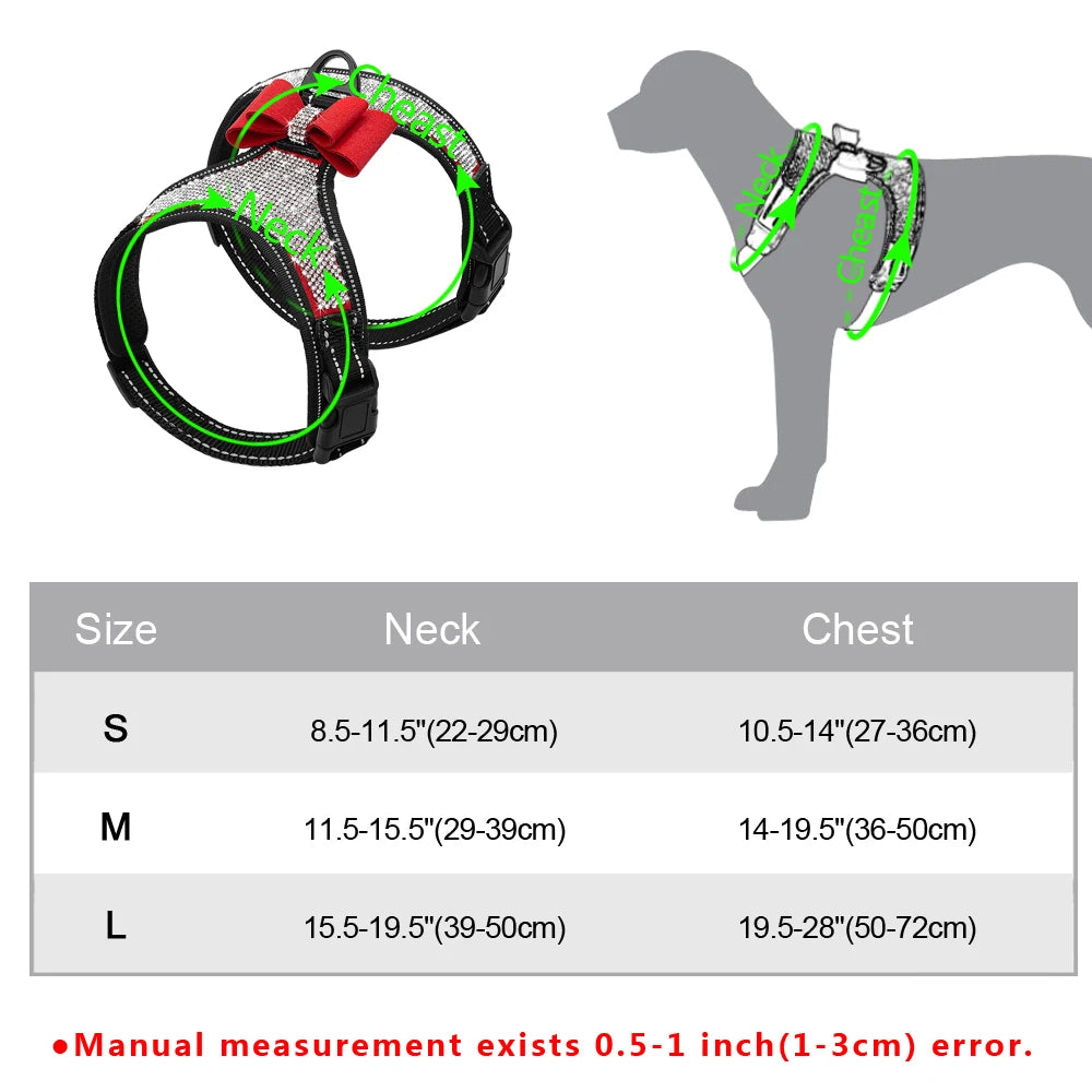 Reflective Dog Harness Nylon, Pitbull Pug Small Medium Dogs Harnesses Vest,  Rhinestone Bowknot Dog