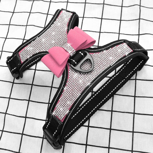 Reflective Dog Harness Nylon, Pitbull Pug Small Medium Dogs Harnesses Vest,  Rhinestone Bowknot Dog