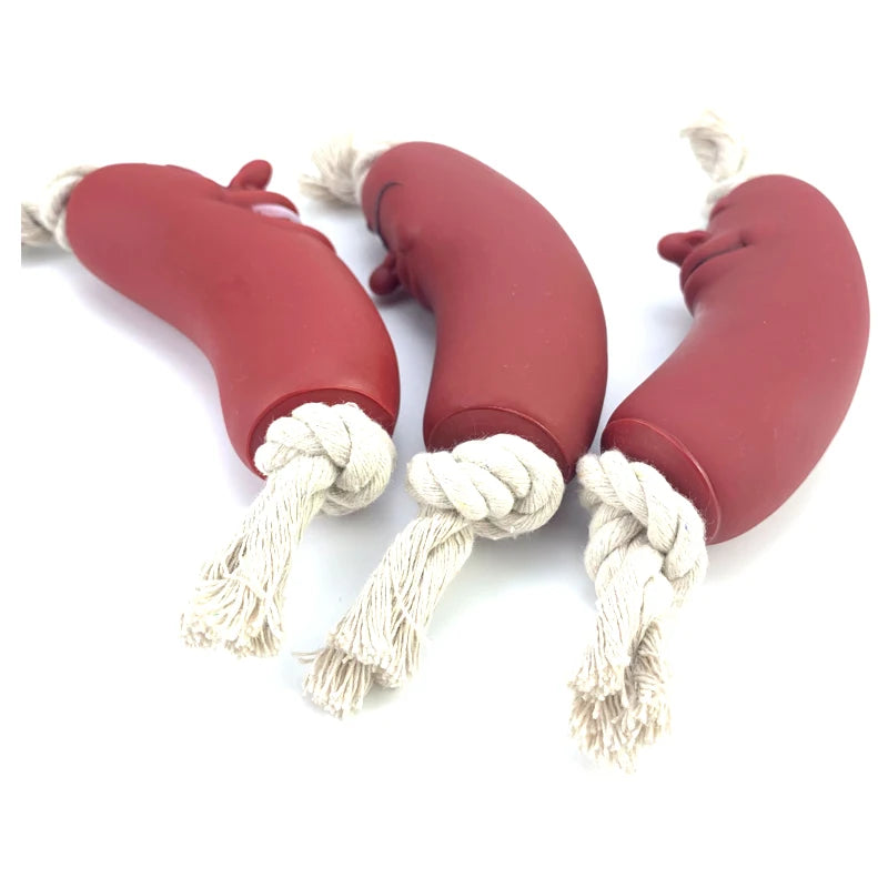 Expression Pet Dog Toy, Red Sausage Cute Smiley face, Healthy Latex Dogs Bite Cotton Rope Toy For Small Medium Puppy