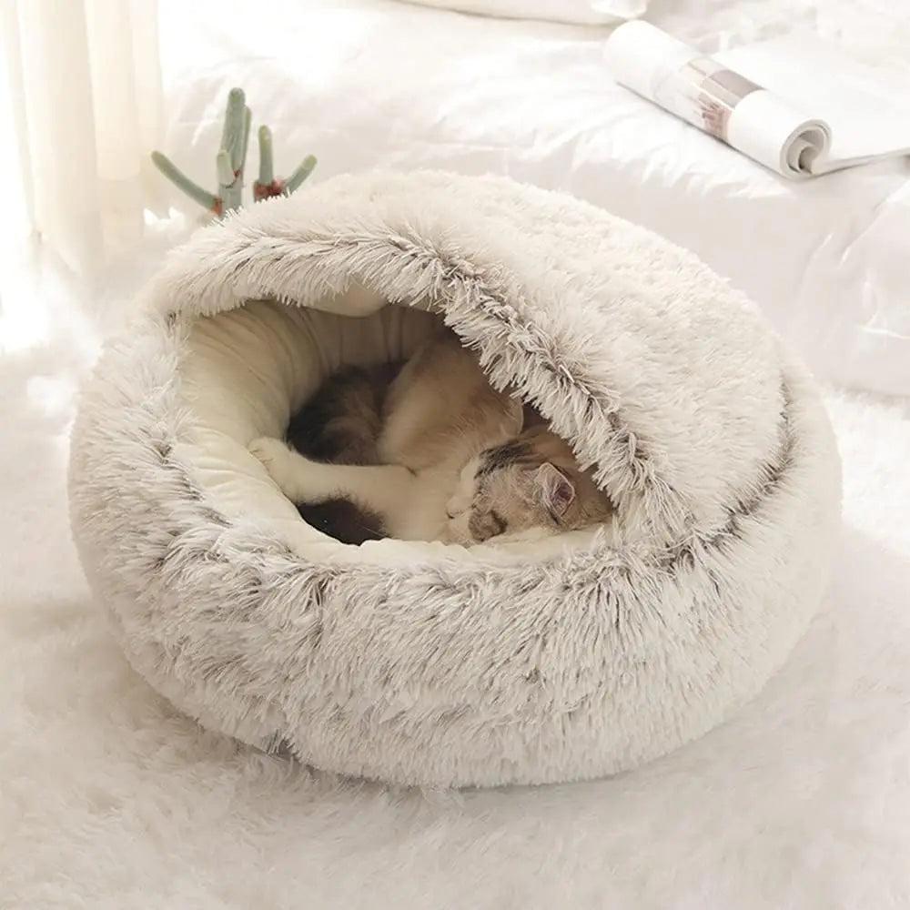 Soft Plush Round Cat Bed Pet Mattress, Warm Comfortable Basket Cat and Dog 2 in 1 Sleeping Bag, Nest for Small Dogs