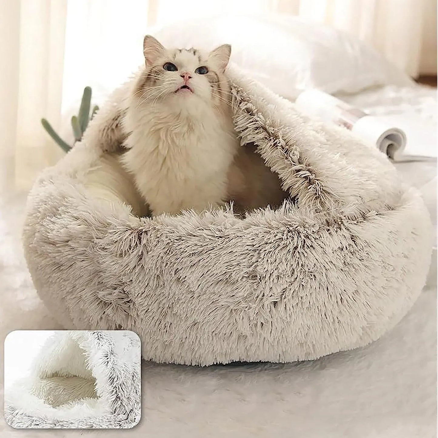 Soft Plush Round Cat Bed Pet Mattress, Warm Comfortable Basket Cat and Dog 2 in 1 Sleeping Bag, Nest for Small Dogs