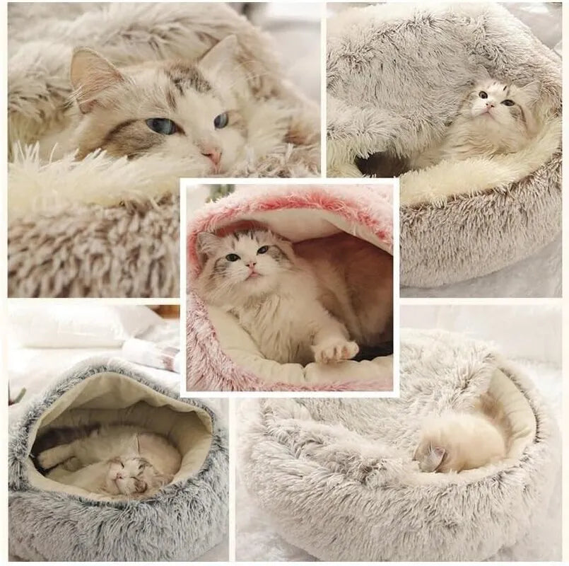 Soft Plush Round Cat Bed Pet Mattress, Warm Comfortable Basket Cat and Dog 2 in 1 Sleeping Bag, Nest for Small Dogs